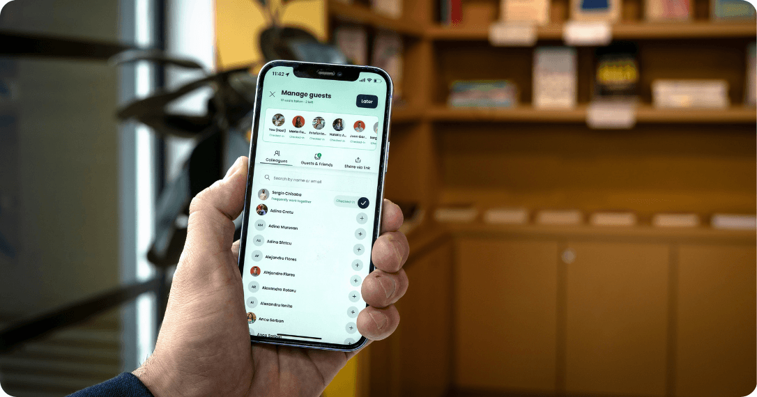 Pluria mobile app interface displaying workspace booking options, locations map, and available desk reservations.