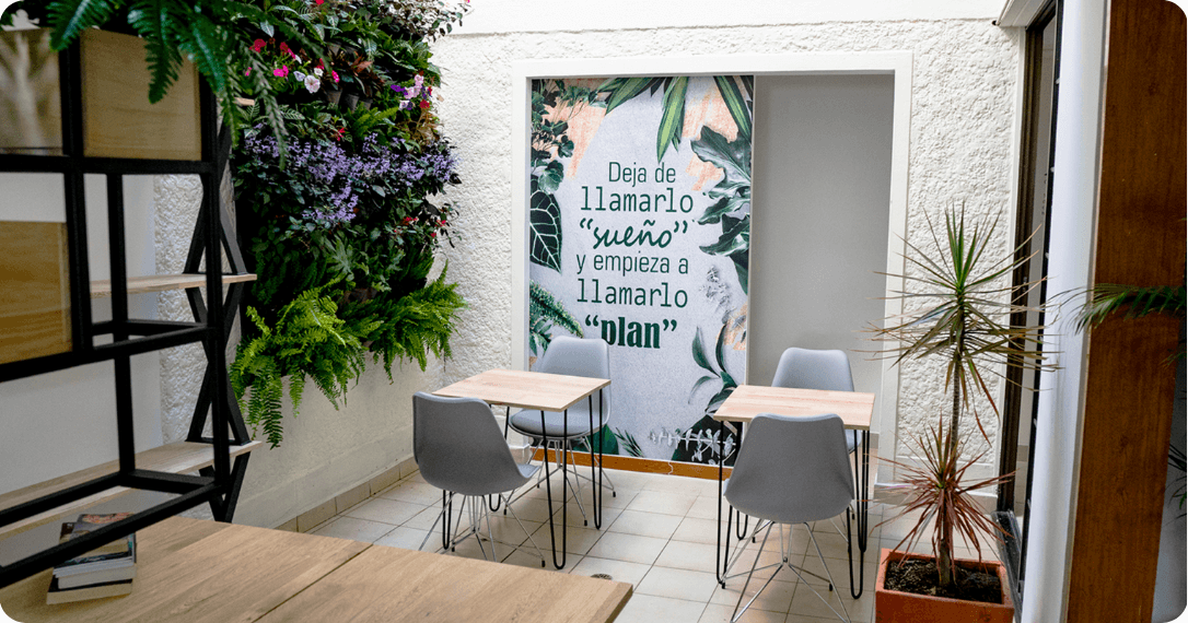 Zona de trabajo tranquilo con plantas y luz natural en Inspira Belén Malibú.